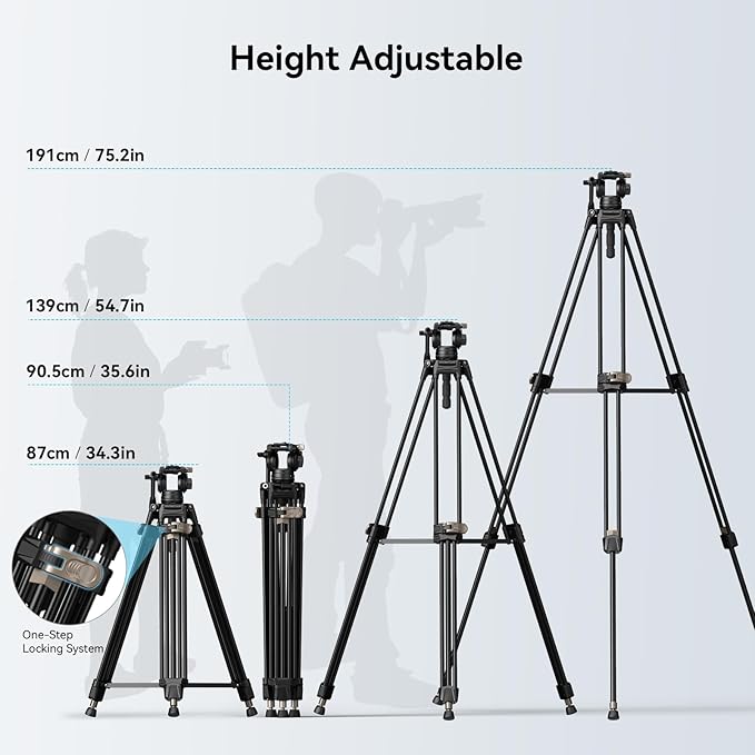 SmallRig AD-80 FreeBlazer Heavy-Duty Video Tripod System, 75" Tall, Fluid Head, One-Step Height Adjust, Dual-Mode QR Plate, Load up to 17lbs, Professional Tripod for Camera