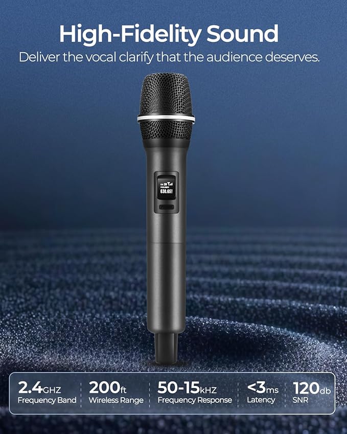 Wireless Microphones, Dual Handheld Dynamic Mic with Ultra-Stable Rechargeable Receiver | 200ft Freedom |Zero Dropouts | 40H Duration |Plug and Play| Karaoke Microphone for Singing, Meeting