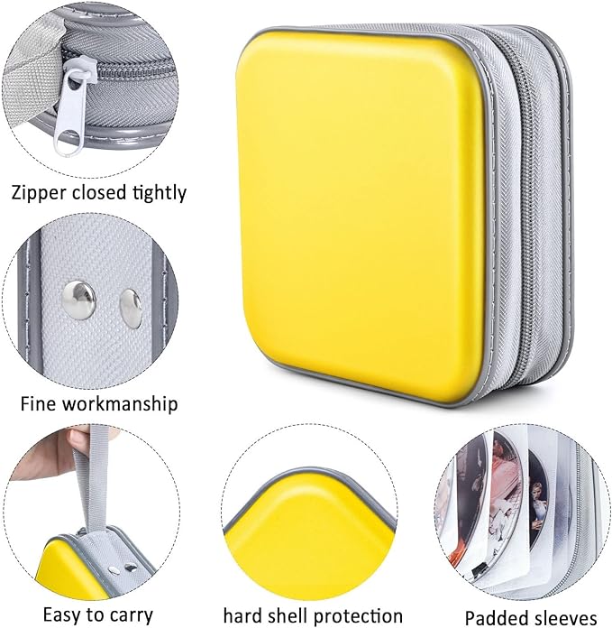 DVD Case Wallet Holder Binder - 48 Capacity CD/DVD Cases Storage Holder Binder Organizer Wallet Book for Car, Home, Travel (Yellow)