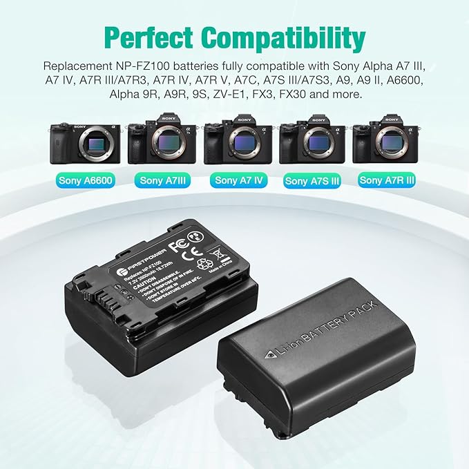 FirstPower NP-FZ100 Battery & Dual USB Charger for Sony A7III A7IV A7RIII A7RIV A7SIII A7C A6600 A1 A9 A9II FX3 FX30 ZV-E1 ZV-E10II, 2-Pack 2600mAh High Capacity
