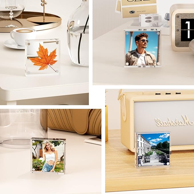 RPSENNA Mini Picture Frame 3x3 inch Acrylic Magnetic Photo Card Frame 20mm Thick Double SidedDesktop Display Frames for Cards Photos Office Home Decor 2 PCS