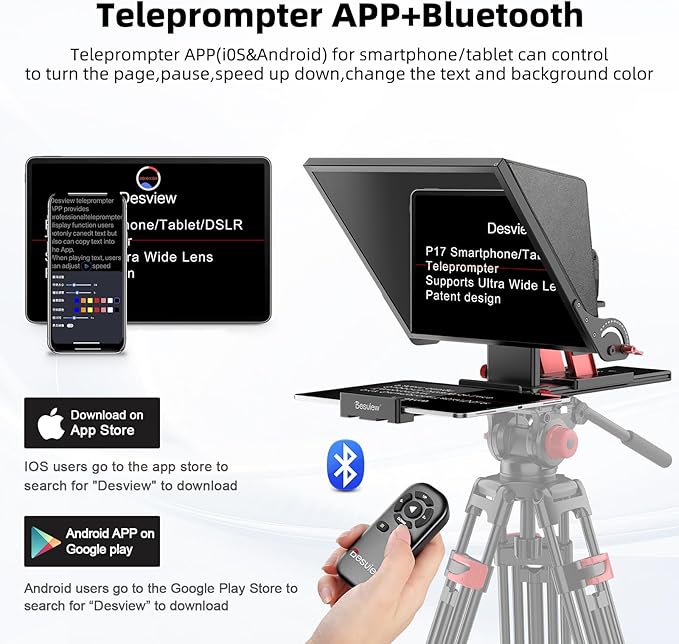 Desview P15 Teleprompter 15 inch Professional Prompter with HD Glass & Adjustable Mirror Compatible with DSLR Cameras Smartphones Tablets for Video Recording Live Streaming