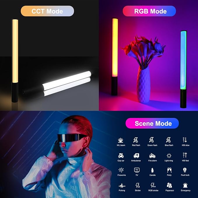 PULUZ RGB LED Video Light Stick, Photography Lighting Wand with 132 LEDs Lights, Dimmable 2500K~9000K CRI95+ Full Color LED Light with 2600mAh Battery, 20 Light Scenes
