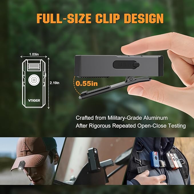 VTIGER C1 Rechargeable EDC Flashlight Clip-on Light, 1300 Lumens Powerful Portable Mini Swivel Clip Light,Multi-Mode,IPX6 Waterproof, Magnetic Small Pocket Lights for Cycling,Working,Emergency,Signal