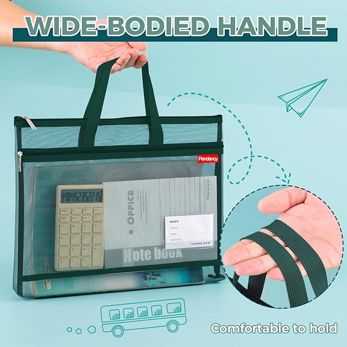Pendancy Mesh Zipper Pouch A4 Size, Large Double Pocket Lightweight Nylon Transparent File Bag with Handle, 11x13.8 in Foldable Document Storage for Puzzle Project/Cross Stitch/Travel/Office (Green)