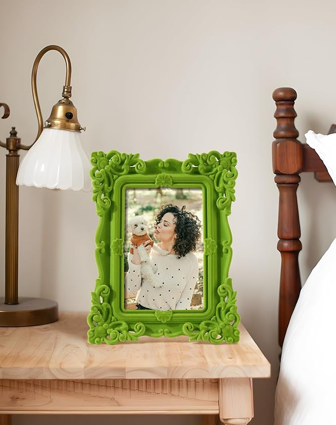 Cute Picture Frame 5x7, Green Rococo Ornate Frame for Plants Flower Art Prints Drawings, 5 by 7 Decorative Photo Frames with Real Glass and Stand, Gallery Home Office Decor (Lawn Green)