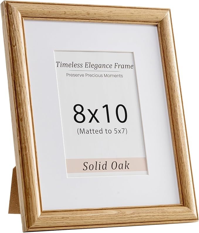 8"x10" Oak Wood Picture Frame, 8x10 Photo Frame with Tempered Glass, USA-Sourced Natural Oak Picture Frames Matted to 5x7 Photos Tabletop or Wall Mount Display, Wall Art Photo and Prints, 1 Pack