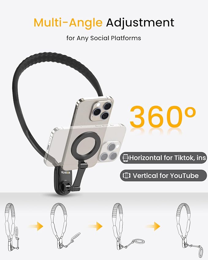 Magnetic Neck Phone Holder for Recording, Hands Free POV/Vlog Video Filming, 4 in 1 Phone Chest Mount for Cooking/Riding/Indoor/Outdoor, Content Creator Essentials for iPhone Android GoPro DJ (Black)