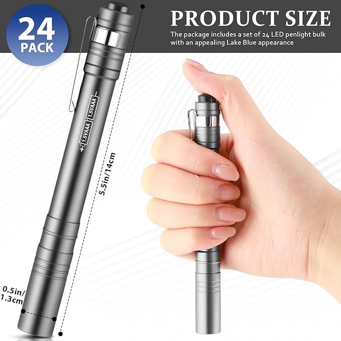 24 Pack Christmas Mini Pen Flashlights Bulk Gifts LED Pen Lights Aluminum Pocket Flashlights with Clips Small Handheld Torches for Men Camping Hiking Emergency Outdoor (Silver Gray)