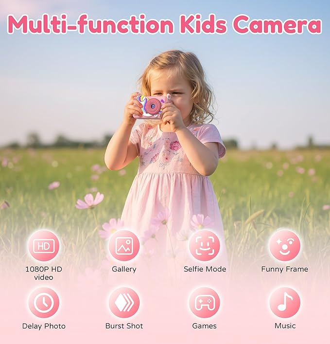 Kids Camera for Girls with Tripod & 32GB Card, 1080P HD Toddler Digital Video Camera, Portable Travel Toy Best Birthday Festival Gifts for Girl 3 4 5 6 7 8 9 10 Year Old