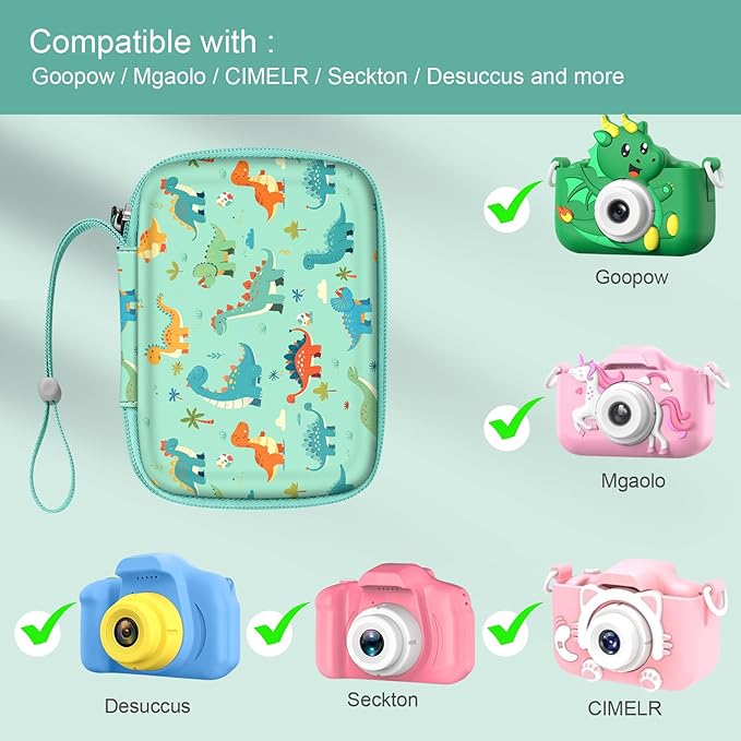 FINTIE Kids Camera Case Compatible with Goopow/Seckton/Dylanto/Mgaolo/Masterbee/CIMELR/Desuccus Kids Digital Camera Toys, Children Carrying Bag, Birthday Festival Gift, Dinosaur