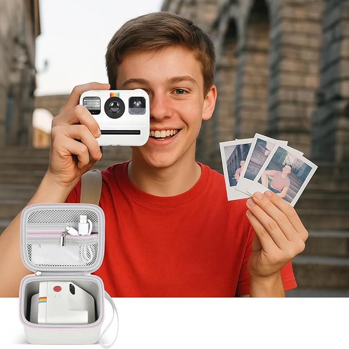 ANKHOH Digital Camera Case for Polaroid Go Generation 2 Gen 2/9035/9071/9070 Instant Mini Camera, Instax Film Cameras Storage with Mesh Pocket for Photo, Stickers (Box Only) (White-purple)