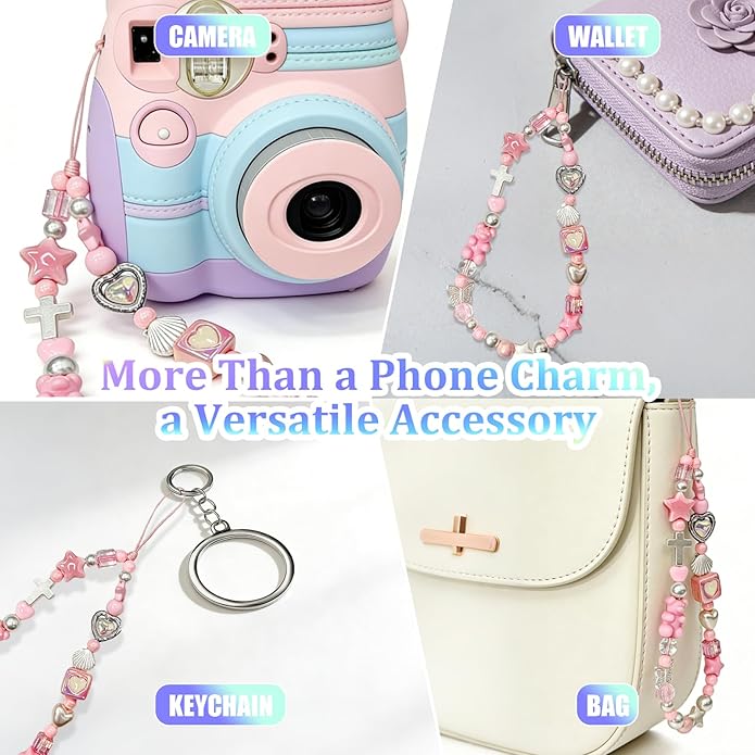 Beaded Camera Wrist Strap, Phone Wristlet Charm Lanyard, Cute Digital Camera Charm Lanyard,Strap Beaded Camera Chain for Phone Bag Keychain Accessories