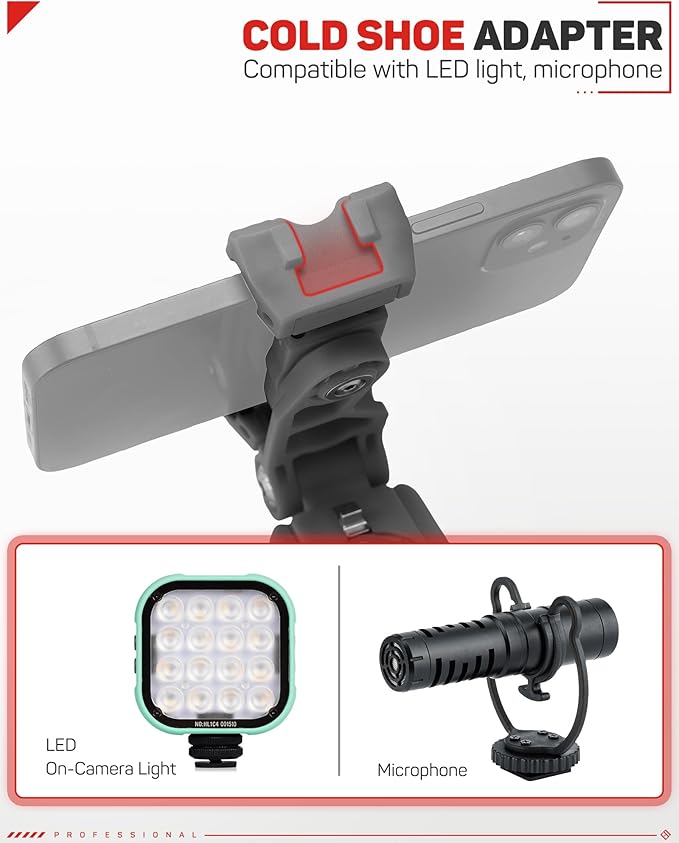 IFOOTAGE Universal Phone Tripod Mount Adapter with Cold Shoe, 360° Rotation Cell Phone Holder for Tripod, Selfie Stick, Desk Phone Stand with Adjustable Clamp, Gray