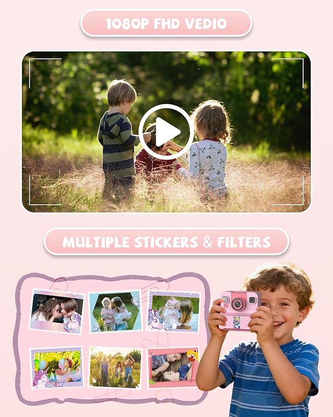 Kids Camera Instant Print, Digital Camera for Kids, 180° Rotating Selfie Lens with 32GB SD Card & 2 Rolls Printing Paper Kids Toy Birthday Gifts for Boys Girls Ages 3-12, Pink