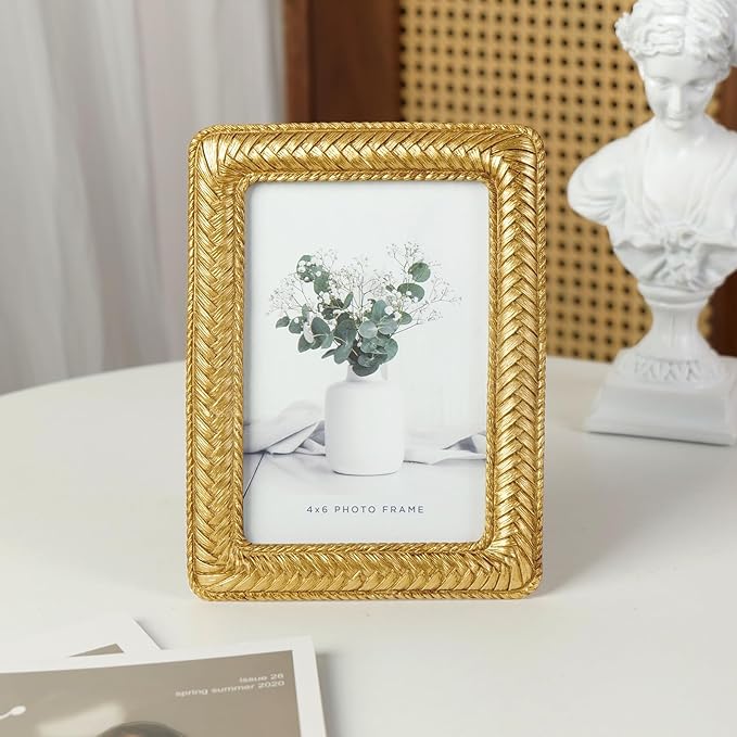 Cuspin Gold 4x6 Picture Frame, Ornate Decorative Rattan Resin Photo Frame, Gold Frames Braided Design for Tabletop Display or Wall Hanging, Elegant Home Decor