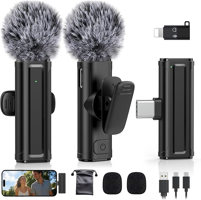 Wireless Mini Microphone for iPhone, iPad, Android Phone, 2 Pack Lavalier Mic with 360° Rotatable Clip, Plug and Play Noise Reduction USB-C Lapel Mic for Video Recording YouTube Content Creators