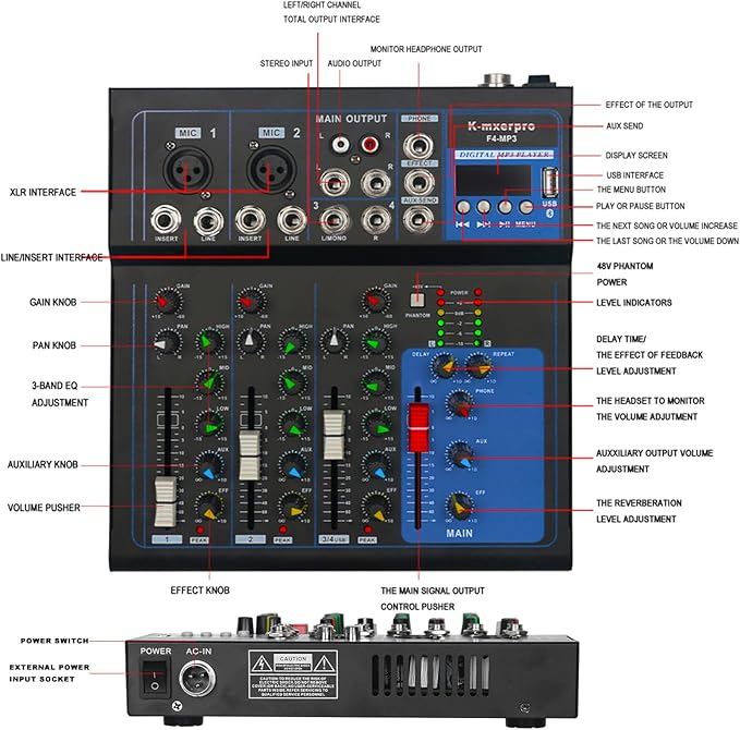4 Channel Mixer With 48v Phantom Power,USB Audio Mixer Board For Live Show Streaming Recording Music Stage Karaoke