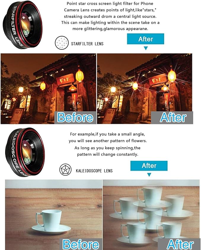 Phone Camera Lens Kit 10 in 1 for iPhone Samsung Pixel Android, 22X Telephoto Lens, 0.62X Super Wide Angle Lens&25X Macro Lens, 235° Fisheye,Kaleidoscopes, Starlight，Tripod，for Most Smartphone Black