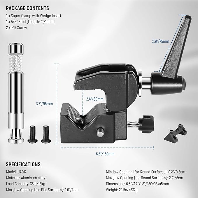 NEEWER Super Clamp with 5/8" Stud, Spring Lock, 2.4"/6cm Jaw Grip Heavy Duty Crab Pole Clamp for Round Pipe Flat Surface, for Photography Studio Camera & Lighting Mounting, Max Load 33lb/15kg, UA017