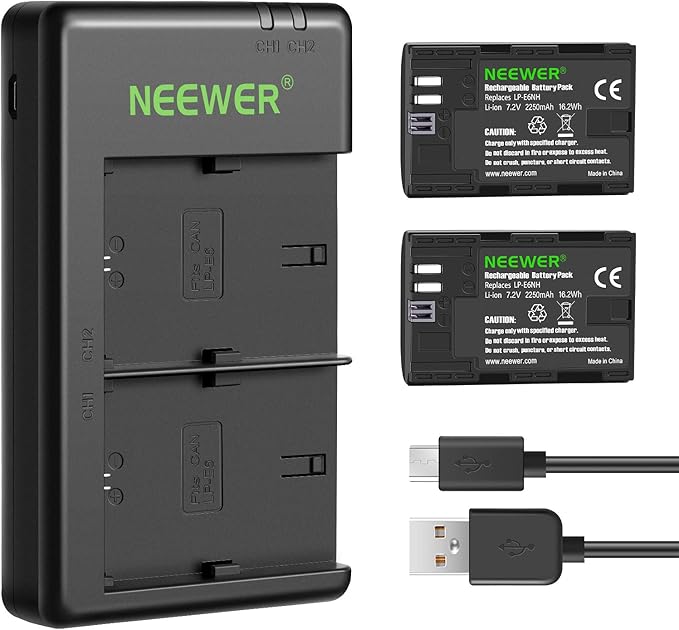 NEEWER Replacement Battery and Charger Set for LP-E6NH, Compatible with Canon EOS R7, R5, R6, 5D II, 6D, 7D, 70D, 80D, 90D, 2-Pack 2250mAh Batteries and Dual Channel USB Charger