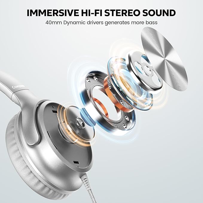 USB C Headphones Wired, Over Ear USB C Wired Headphones with Microphone, Volume Control, HD Stereo Sound, Foldable USB Type C Headphone for Adult/Teens/Laptop/Computer/iPhone 15/16/17, Sliver