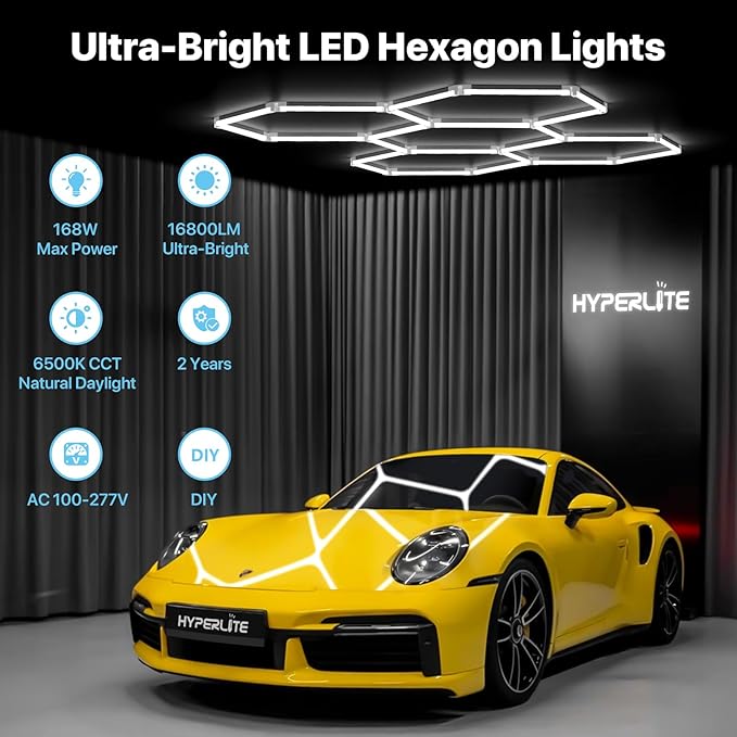 HYPERLITE Gen 2 Hexagon Garage Lights: 168W 16800LM 5 Grids Hexagon Led Light, 6500K Ultra Bright Honeycomb Hex Lights, Durable Design for Garage, Shop, Basement, Barber, Homegym