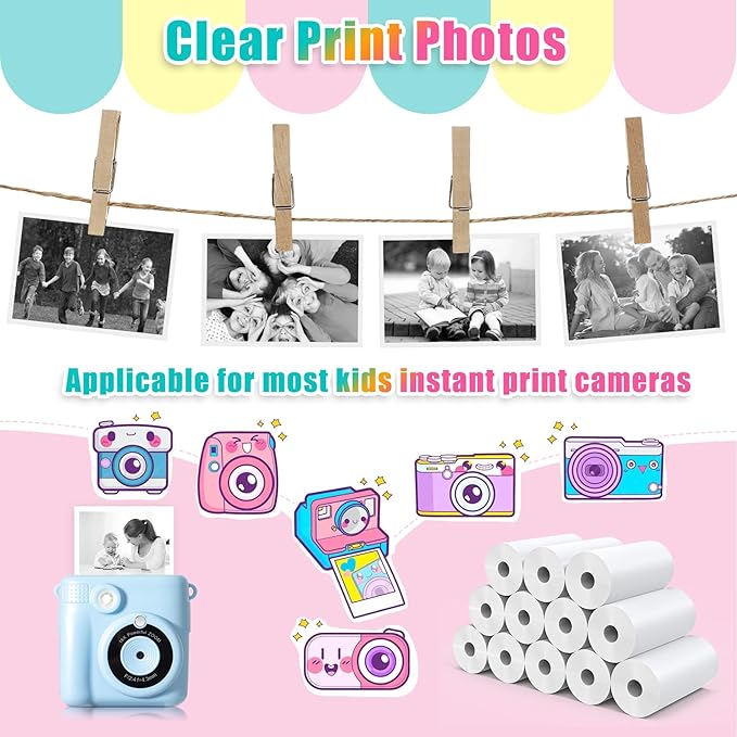 12 Rolls Instant Print Camera for Kids Refill Print Paper - Hikkon Thermal Print Paper Rolls Photo Print HD Printing for Most Kids Instant Camera - Paper Only(White-12)
