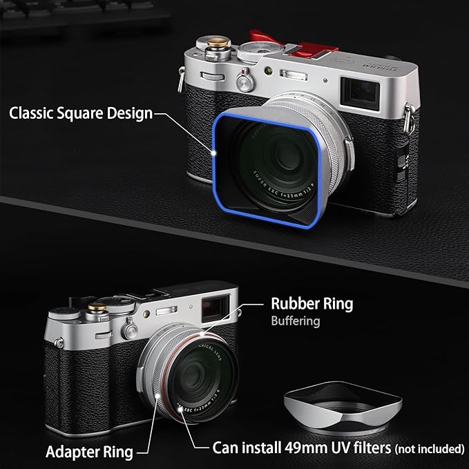Haoge LH-X200S Square Metal Lens Hood with 49mm Adapter Ring Metal Cap for Fujifilm X100VI x-100vi x100v x100f x100t x100s Fuji Photo Camera Accessories Silver