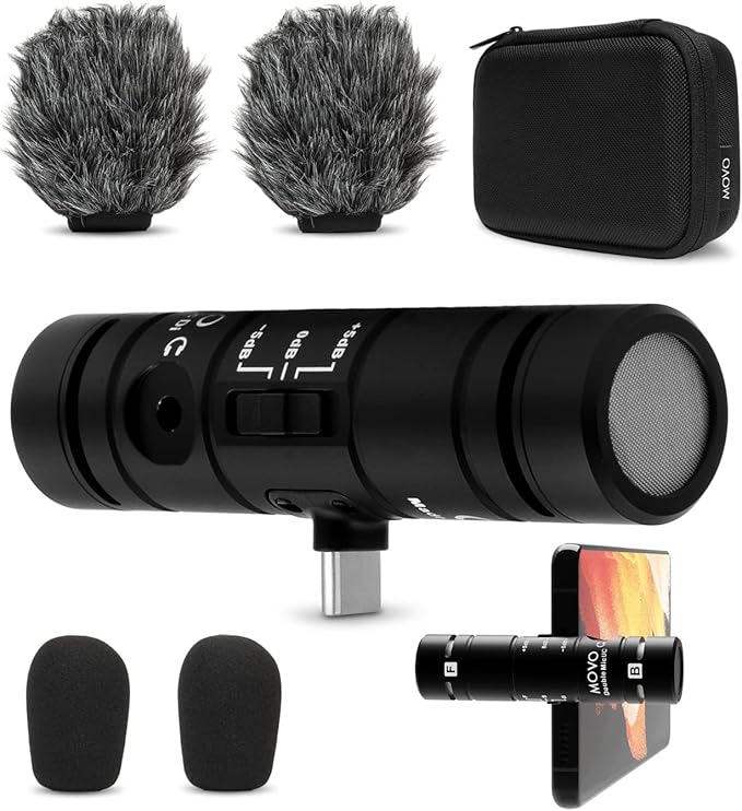 Movo DoubleMic-UC Dual Capsule Phone Microphone for USB-C Devices- Two-Sided Cardioid Condenser Android Shotgun Mic for Video Recording- Professional Microphone for Samsung, iPad Pro, Google Pixel
