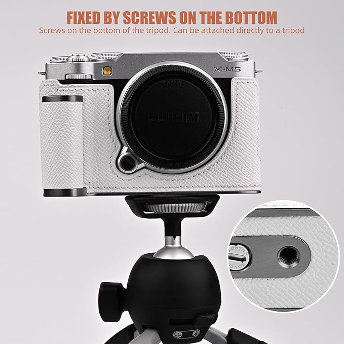 Uchandmade Handmade Genuine Leather Camera Half Case for Fujifilm X-M5/Fujifilm X-M5 Camera Case/Fujifilm X-M5 Case - Top Layer Cowhide Body + Metal Base Plate+ Hand Shank Design (White)