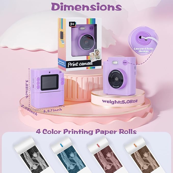 Kids Camera Instant Print, 1080P HD Dual-Lens Selfie Digital Camera with 5 Printing Paper Rolls & 32G TF Card, for Children, Portable Toddler Toy for Age 3-12 Boys & Girls (Purple)