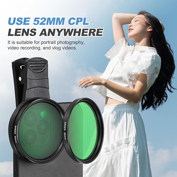 PATIKIL 52mm Phone Camera Lens, Clip-On Full Color Filter Circular Polarizing Lens for Most Smart Phones and DSLR Cameras, Green