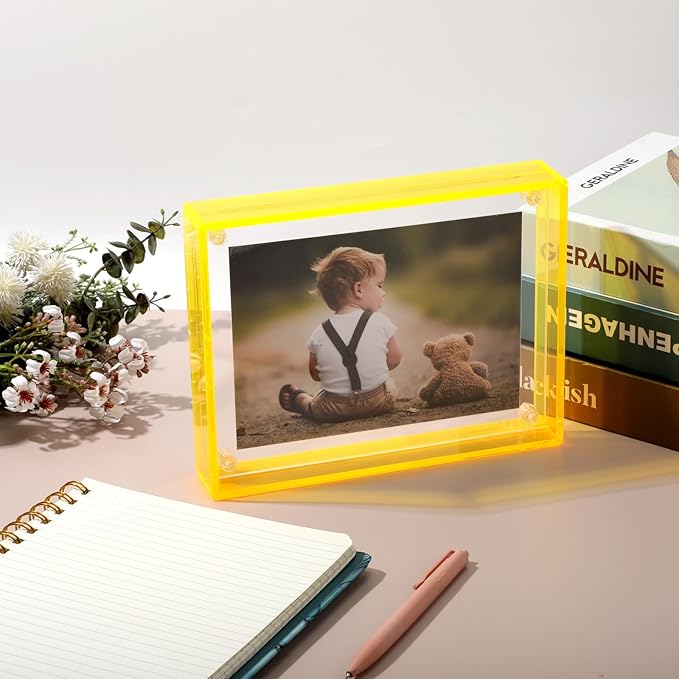 Gelite Acrylic 8X10 Picture Frame to Display 8x10 6x8 5x7 Pictures Mat-free Neon Floating Photo Frame for Wall and Tabletop, Neon Yellow