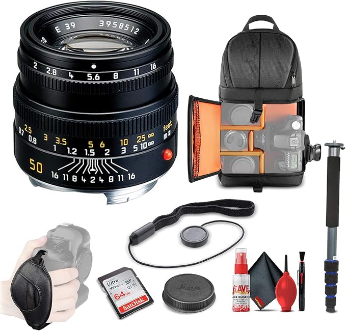 Leica Summicron-M 50mm f/2 Lens (11826) + 64GB Memory Card + Backpack + Full Size Monopod + Cleaning Set + Cap Keeper + Hand Strap