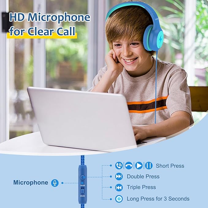 Kids Headphones Wired with Microphone, USB Type C Headphones for Kids Girls Boys with Cord/LED Lights/85/94dB Volume Limit, Portable Over Ear Headphones for School/Travel/Tablet/iPad