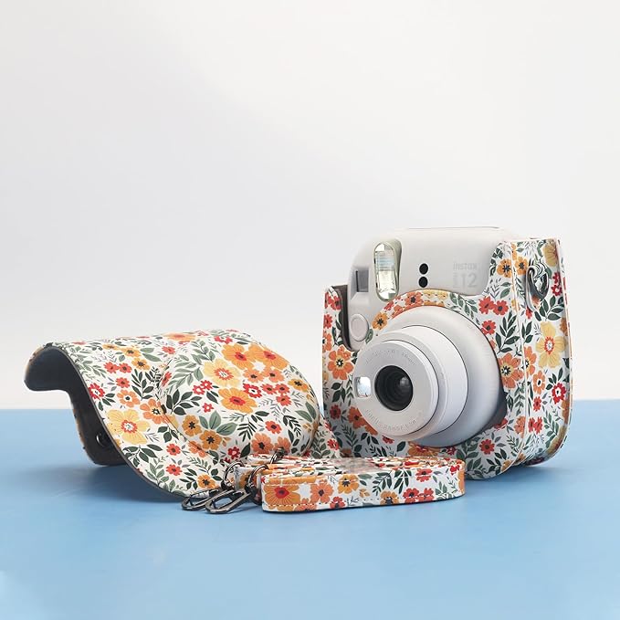 Frankmate Protective Case Fit for Fujifilm Instax Mini 12 11 9 8 Camera, PU Leather Camera Bag with Pocket and Adjustable Shoulder Strap (Yellow Flower)