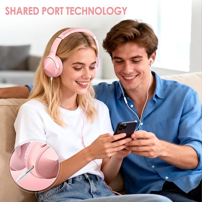 USB C Over Ear Headphones Wired, USB C Wired Headphones with Microphone, Volume Control, HD Stereo Sound, Foldable & Lightweight USB Type C Headphone,Pink