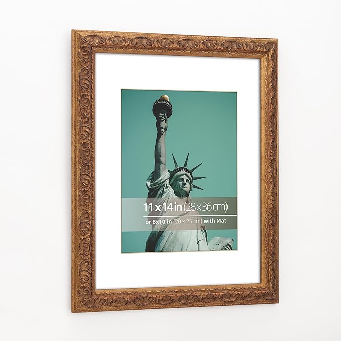 11x14 in Distressed Rustic Gold Wood Vintage Farmhouse Picture Frame, Museum Grade Off White Mat for8x10 Photos, Real Glass Protection, Wall Hanging Photo Display, Antique Gold