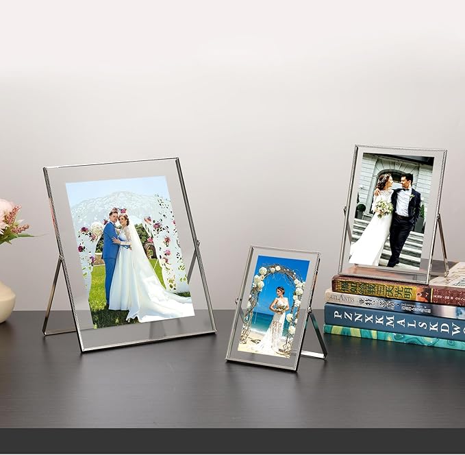 Silver 4x 6'' Floating Frame Set of 2, For Photo Sizes (2x3'', 3.5x 5'' up to 4x6'' ), Beautiful Metal Lace Edge Frames Adjustable Tabletop/Shelf Photo Frame, Classy Gift Choice for Wedding,