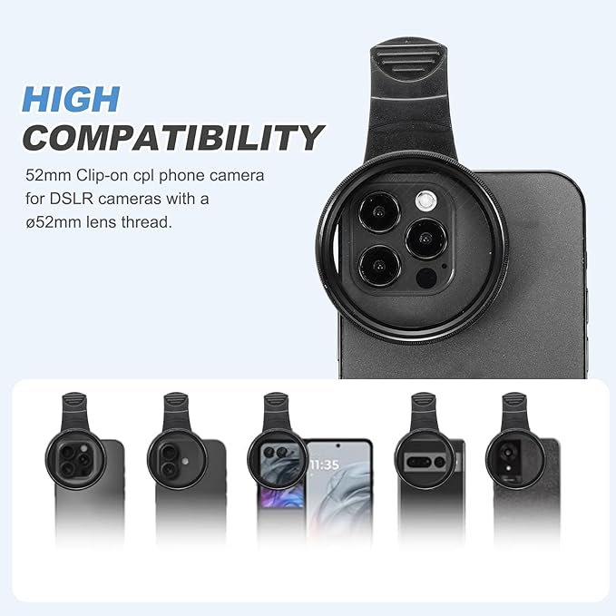 PATIKIL 52mm Phone Camera Lens, Clip-On 4 Point Star Filter Circular Polarizing Lens for Most Smart Phones and DSLR Cameras, Black