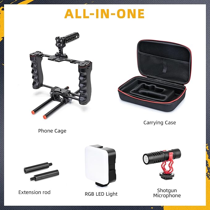 Zeadio Camera Video Rig Cage, Aluminum Filmmaking Movie Making Kit with Top Handle, Arca Type Base, 15mm Rod Guide, RGB Light&Microphone, Compatible with All DSLR Camera and Camcorder