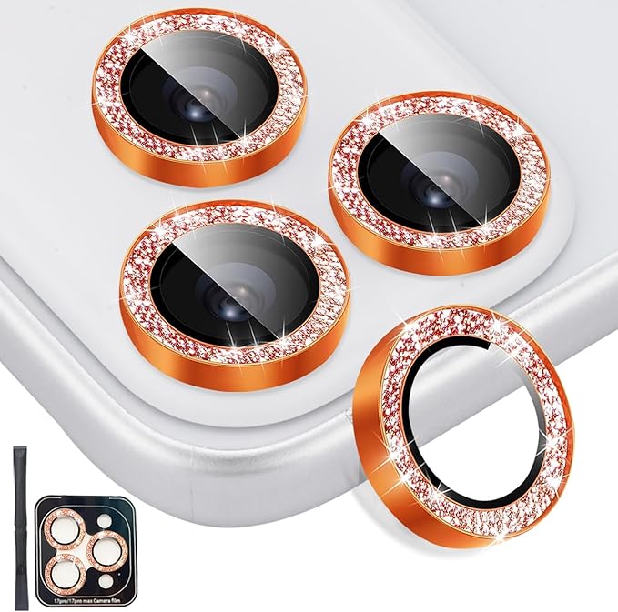 Camera Lens Protector for iPhone 17 Pro/17 Pro Max, Aluminum Alloy Tempered Glass Lens Protector with Installation Frame Fits for iPhone 17 Pro/17 Pro Max (Glitter Orange)
