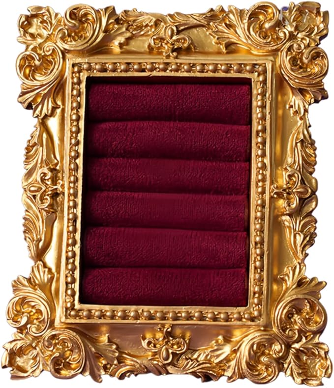 Vintage Gold Ring Holder 3.94x3.54 In,Suede Lined Jewelry Display Stand, Engagement Ring holder Photography Prop, Ornate Ring Holder for Wedding Decor, Bridesmaid & Engagement Gift (wine red)