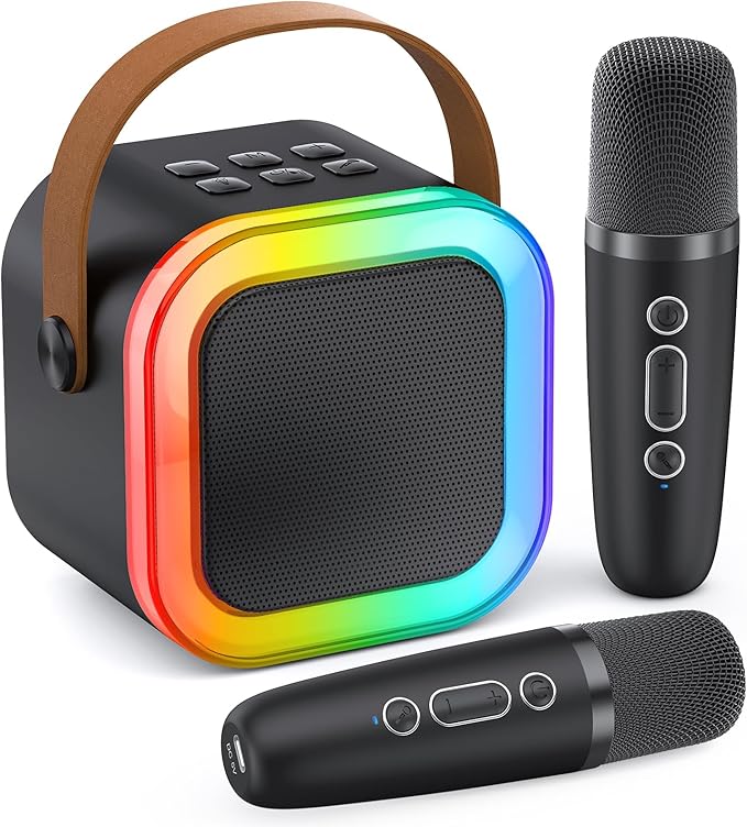 Mini Karaoke Machine for Kids Adults, 2026 TOP Birthday Gifts for Girls Boys 3,4,5,6,7,8+Year Old Toddler Kids Toys, Portable Bluetooth Speaker with 2 Wireless Karaoke Microphones Player Easter(Black)