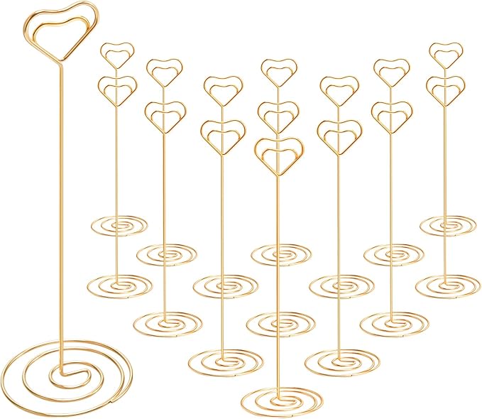 IMAMIN 16pcs Place Card Holders, 8.75 Inches Tall Table Number Holders, Gold Picture Holder for Tables with Heart Shaped Clip for Wedding, Photos, Food Signs, Memo Notes, Restaurant, Birthday