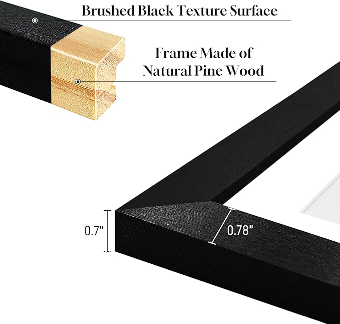 4x6 Photo Collage Frame 8 Openings Wooden, 13.5x17.5 Multi Picture Frame Collage Wall Decor, Black Frame with White Mat, Solid Pine Wood