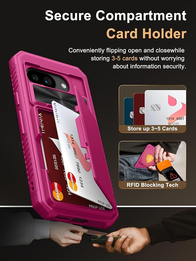 Vihibii for Google Pixel 9a Wallet Case with Card Holder (4 Cards), [RFID Blocking] & Slide Camera Lens Cover & Raised Edges Protect Screen, Shockproof Case for Google Pixel 9a 2025, Hot Pink