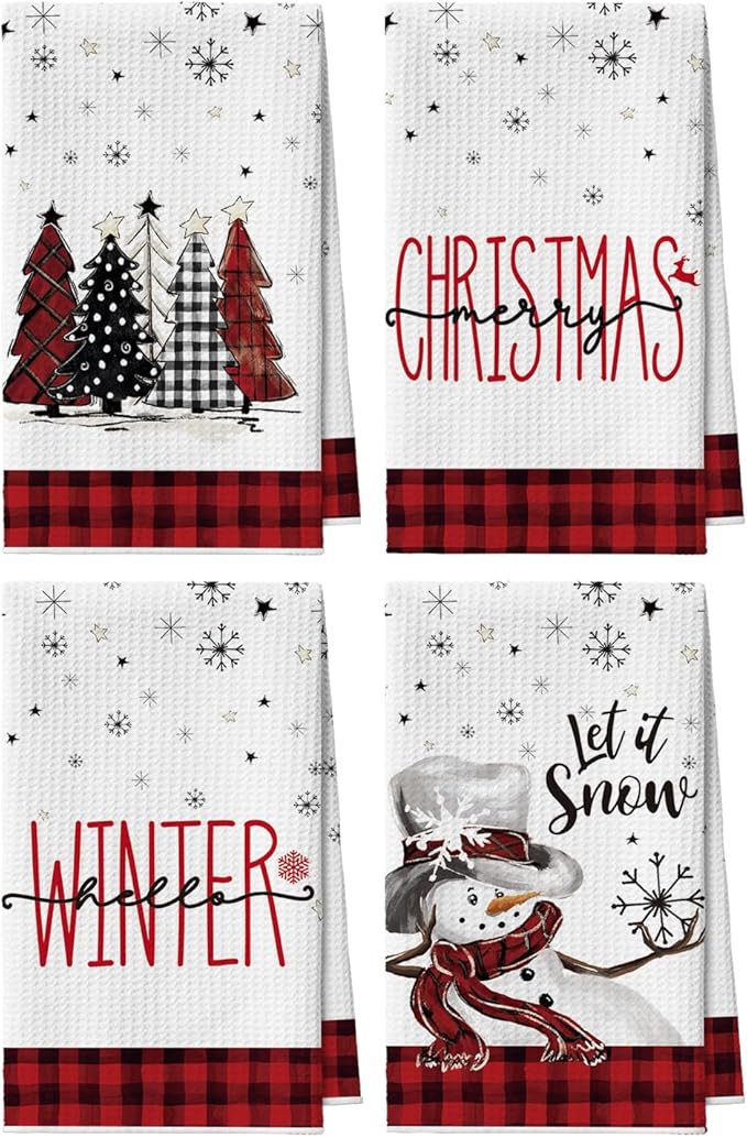 Artoid Mode Red Xmas Tree Snowman Merry Christmas Kitchen Towels, 18x26 Inch Quick Dry Microfiber Cloth Dish Towels for Kitchen Drying Set of 4