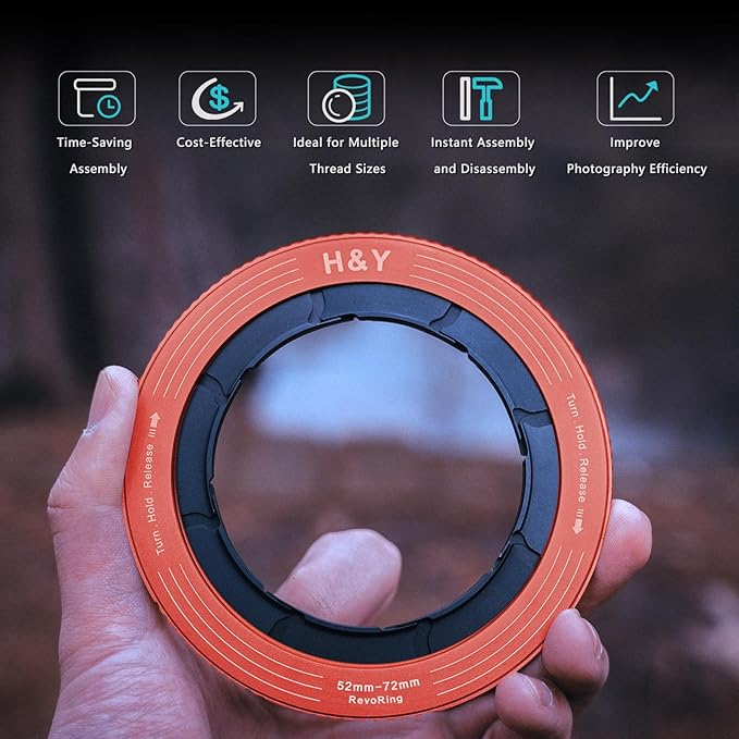 H&Y RevoRing Adjustable Step Up Ring 52-72mm to 77mm, Variable Lens Filter Adapter Ring, Universal Stepping System fits 52 55 58 62 67 72mm, Red